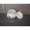 Vintage!  Wood Handle Enamel Fondue Pot.