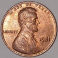 1981 - 1 CENT - LINCOLN MEMORIAL CENT (PENNY) - ONE CENT - PHILADELPHIA MINT - USA