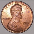 1981 - 1 CENT - LINCOLN MEMORIAL CENT (PENNY) - ONE CENT - PHILADELPHIA MINT - USA