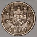 1974 - 2.5 ESCUDOS - 2$50 - 2 1/2 - PORTUGAL - PORTUGUESA - KM#590 - COPPER-NICKEL - PORTUGUESE