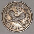 1951 - 3 PENCE - THREE PENCE - 3d - NEW ZEALAND - KM#15 - COPPER-NICKEL - CROSSED PATU