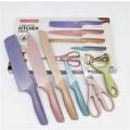 6pcs Kitchen Knife Set Corrugated Colorful Stainless Steel Chef Knife Bread Knife Cleaver Scissors