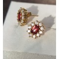 `RED GARNET` and `WHITE SAPPHIRE` Earrings. Set in 9CT Yellow Gold( Genuine Gold.)