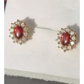 `RED GARNET` and `WHITE SAPPHIRE` Earrings. Set in 9CT Yellow Gold( Genuine Gold.)