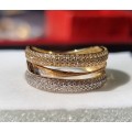 `DESIGNER` CZ / `TRIPPLE TONE` Twist 9CT `YELLOW, ROSE and WHITE` Gold Ring. ( Genuine Gold. )
