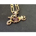 `HEART GARNET` Set in 9CT Yellow Gold / `LOVE` Pendant on a  Figaro Chain Necklace.