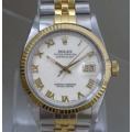 ROLEX OYSTER PERPETUAL DATE JUST TWO TONE GOLD WHITE ROMAN DIAL JUBILEE WATCH