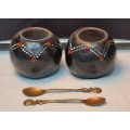 African Tribal Art Salt and Pepper Pots with spoons hand made and painted