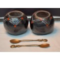 African Tribal Art Salt and Pepper Pots with spoons hand made and painted