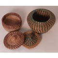 Hand Woven African Art lidded Baskets x 2 D13 x H11 and D10 x H7 cms