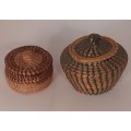 Hand Woven African Art lidded Baskets x 2 D13 x H11 and D10 x H7 cms