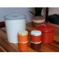 TUPPERWARE Vintage 2 x lidded Canisters 4 x Salt, Pepper, Spice Stack with 2 x lids