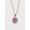 Pink Princess Di Oval Crystal Pendant Silver with Chain