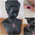 Princess Di Red Crystal Sapphire Gem Ring,Earrings and Pendant Set Gold Plated Wedding Ring