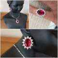 Princess Di Red Crystal Sapphire Gem Ring,Earrings & Pendant Set Gold Plated Wedding Ring