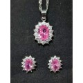 Princess Di Pink Crystal Sapphire Gem ,Earrings and Pendant Set Gold Plated Wedding