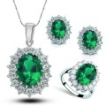 Princess Di Green Crystal Sapphire Gem Ring,Earrings and Pendant Set Gold Plated Wedding Ring