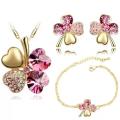 Crystal Pink Clover 4 Leaf  heart Pendant,Earrings and Bracelet Jewelry Set