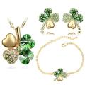 Crystal Green Clover 4 Leaf  heart Pendant,Earrings and Bracelet Jewelry Set