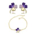 Crystal Purple Clover 4 Leaf  heart Pendant,Earrings and Bracelet Jewelry Set