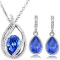 Crystal Flame Royal Blue Water Tear pendant necklace  and earrings fashion jewelry set