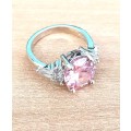 Elegant Pink Oval Crystal Ring with side stones Silver