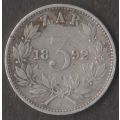 1892 ZAR THREE PENCE 3d SILVER COIN