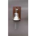 Solid brass ship, motivational bell 11,5cm diameter, sales bell. Wall mounted on solid wood