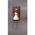 Solid brass ship, motivational bell 14cm diameter, sales bell. Wall mounted on solid wood.