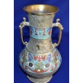 Antique Bronze Chinese Champleve Cloisonne Double Handled  Vase