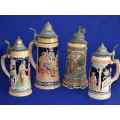 German Beer Steins with Pewter Lids - Set of Four