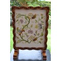 Antique Needlepoint Fire Screen - Carved Frame