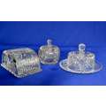 Cut Crystal Butter Dish, Dome Cheese Plate and Lidded Jam Jar