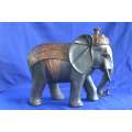 Large carved wooden Indian Elephant with Bronze Tone Cap and Coat
