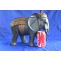 Large carved wooden Indian Elephant with Bronze Tone Cap and Coat