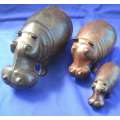Carved Wooden Hippo Family - 3 Pieces