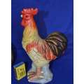 Vintage Rooster figure and Rooster Decorated Glass Bottle