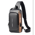 Anti-Theft Lock Sling Chest Bag Shoulder Crossbody With USB Port Grey Brown
