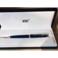 MONT BLANC PIX NAVY BLUE BALLPOINT PEN WITH PLATINUM COATED TRIM IN BOX INCLUDES REFILL
