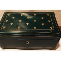 VINTAGE DARK GREEN JEWELRY/MUSIC BOX, GENUINE LEATHER WITH GILT EMBOSSED DETAIL, MADE IN ITALY