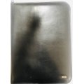 BLACK BUSBY LEATHER A4 FOLDER IN EXCELLENT CONDITION, EMBOSSED WITH PLAVIX LOGO ON INSIDE OF FOLDER