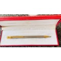 MUST DE CARTIER SANTOS BALLPOINT PEN IN BOX - BRUSHED STEEL WITH GOLD TRIM IN EXCELLENT CONDITION