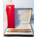 CROSS 14K CLIPLESS ROSE GOLD BALLPOINT PEN AND PENCIL SET WITH RED LEATHER CASE IN ORIGINAL BOX