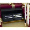 CROSS CENTURY II CHROME AND GOLD FOUNTAIN PEN AND BALLPOINT PEN WITH CROSS LEATHER PEN POUCH