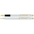 CROSS CENTURY II CHROME AND GOLD FOUNTAIN PEN AND BALLPOINT PEN WITH CROSS LEATHER PEN POUCH