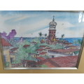 BEAUTIFULLY FRAMED ORIGINAL FRAMED INK? AND WATERCOLOUR PAINTING OF THE VILLAGE OF MONTALBAN SPAIN