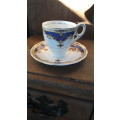VINTAGE GRINDLEY ENGLAND DEMI TASSE COFFEE CUP & SAUCER, BLUE CARTOUCHE SCROLL