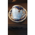 VINTAGE GRINDLEY ENGLAND DEMI TASSE COFFEE CUP & SAUCER, BLUE CARTOUCHE SCROLL
