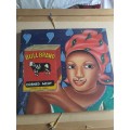 STUNNING VINTAGE SIGNED BLANCHARD `99 NAIVE AFRICAN WOMAN WITH BULL BRAND TIN CANVAS PAINTING