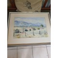 LOVELY LARGE FRAMED ORIGINAL LANDSCAPE WATERCOLOUR OF OUTENIQUA MOUNTAINS BY MYFANWY ADAMS